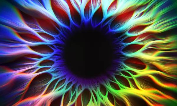Abstract close-up colorful cosmic volumetric human eye iris with distortion refraction glow effect. 