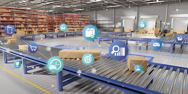 Boxes on a conveyor belt in a warehouse are overlaid with icons representing transportation and logistics.