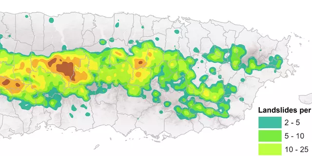 Map of Puerto Rico has colored sections near the center with key: Landslides per km2