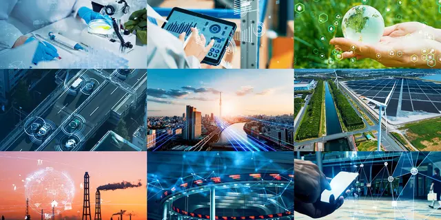 Nine images in a grid invoke cutting-edge technologies in bioscience, communications, energy, navigation and other fields.