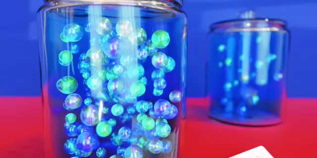 Illustration shows two clear jars full of marbles on a red table with a piece of paper that says “Find the Concentration.”