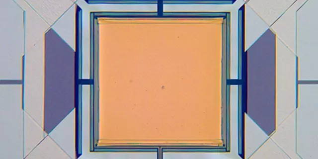 Micrograph of yellow square with lines attached to each corner.