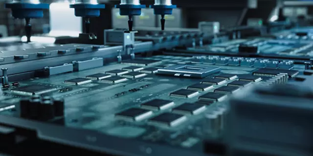 Robotic tools hover above a surface of dark-metal microchips and other electronics being manufactured.