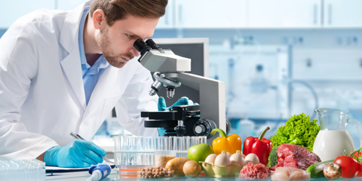 inspector looking at various foods in a facility