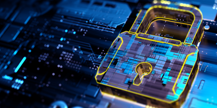 cybersecurity lock on a computer chip