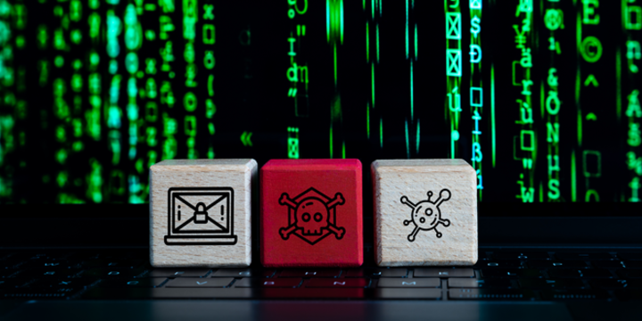 Computer hacker concept with green virtual code and malware virus skull symbols