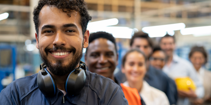 Cheerful blue collar worker and team of engineers at a factory standing in a row smiling at camera