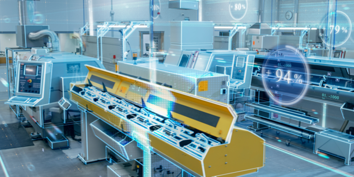 Futuristic Design: Factory Digitalization with Information Lines Lying Through the High-Tech Modern Electronics Facility