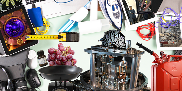 Photo collage includes tape measure, gas can, laptop keyboard, old-fashioned scale, bunch of grapes, and scientific equipment like a Kibble balance. 