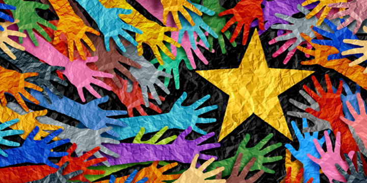 multi colored hands reaching towards a star for a success in business concept