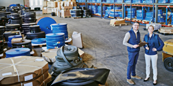 Warehouse with supplies and workers