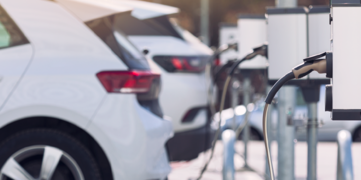 Charging stations for electric cars at a parking lot