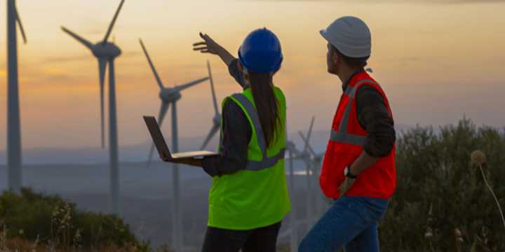 Young maintenance engineer team working in wind turbine farm at sunset