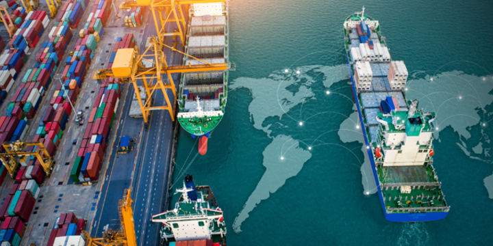 Aerial top view of containers on a cargo ship