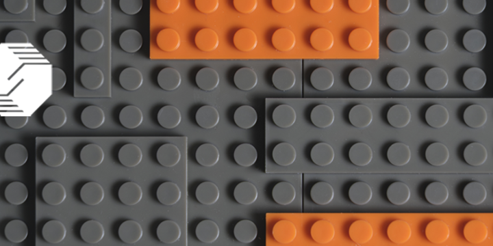 Legos that are gray and orange with white logo