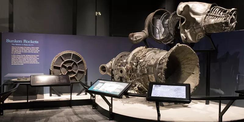 Photo of the recovered F-1 engine components that are on display at the Museum of Flight