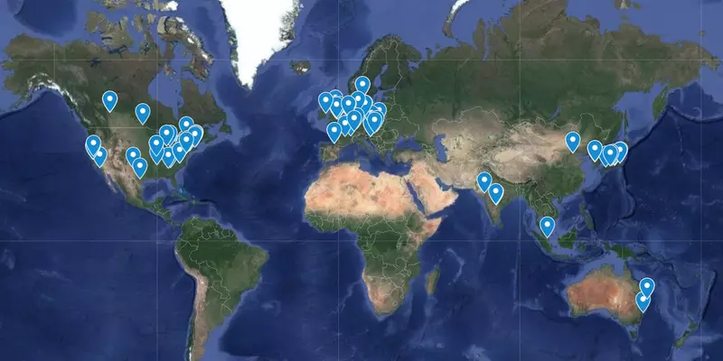 Worldwide map showing locations of the 76 NIST Glycan Interlaboratory Study participants in North America, Europe, Asia and Australia.