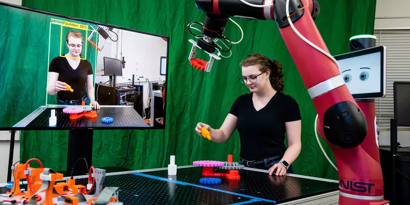 Engineer in a lab. Screen that shows her face on the left. On the right is a robot.