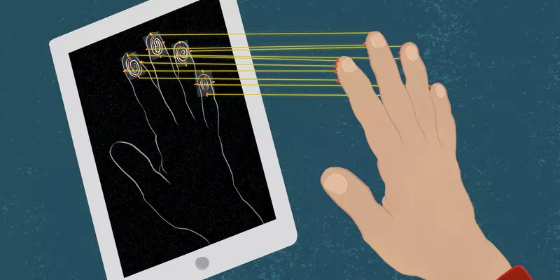 A mobile device scans the fingerprints of a hand held close to the screen. 