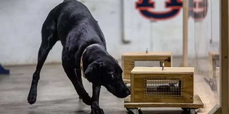 A black dog sniffs a wooden box.