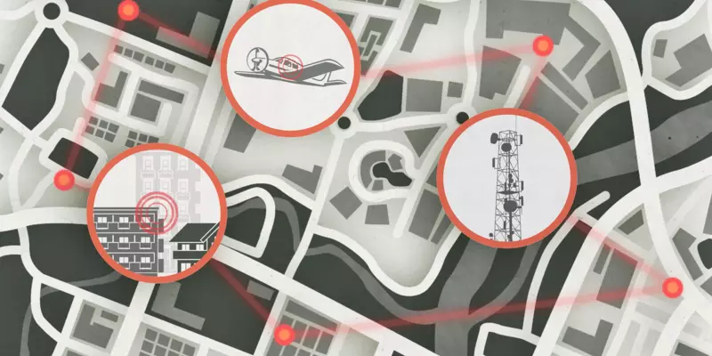 Still from animation shows map with icons of buildings, airplane, satellite tower. 