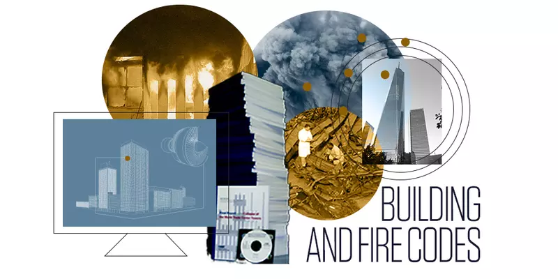 collage showing rubble from the collapse of the towers, a mock up of a section of the towers, scientists looking at structural steel and the words Building and Fire Codes