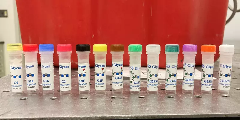 A row of plastic vials with different-colored caps all labeled "Glycan."
