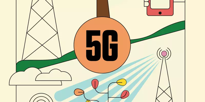 Cell towers broadcast signals through two trees, one of which has green leaves while the other is bare. A cellphone behind the greenery indicates a poorer signal than the phone behind the bare tree. 