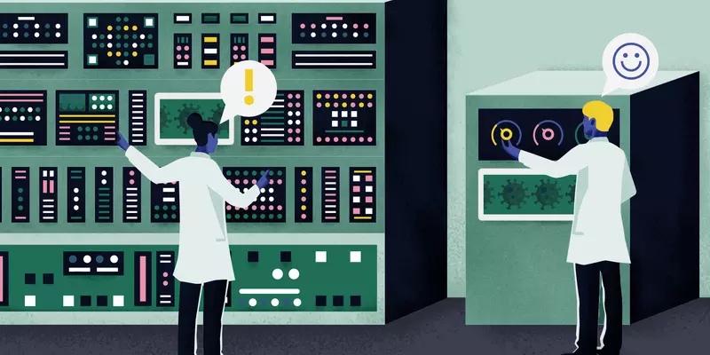 A large, complex machine (at left) sports a vast control panel filled with thousands of unlabeled switches, frustrating its user. Another smaller machine (at right) with just a few simple dials makes its user happier.