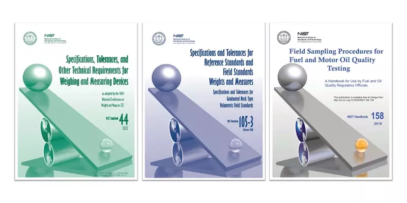 Three NIST handbook covers in green, purple and gray. 