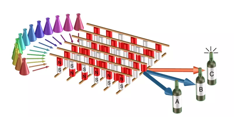 Illustration with colored cylindrical flasks on the left, arrays of bar magnets in the center, and bottles of wine on the right.