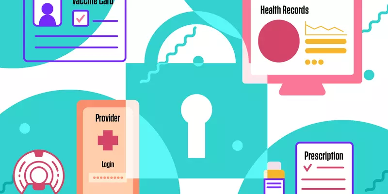 Illustration shows a padlock surrounded by health-care images like a medicine bottle, a vaccine card, and health records.