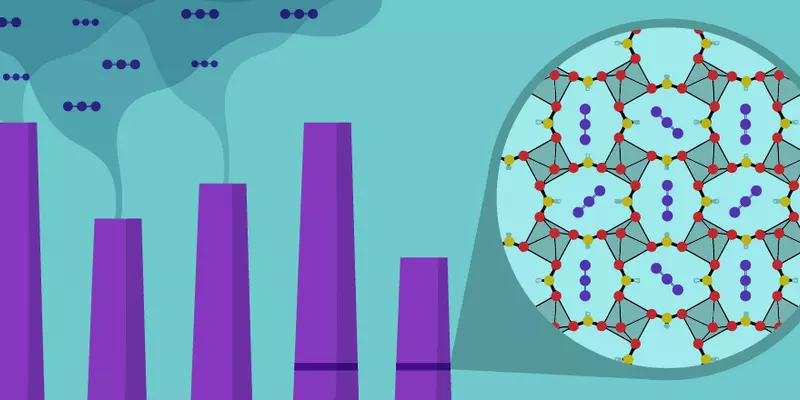 Near a set of belching smokestacks sits a diagram of the structure of a metal-organic framework, with open spaces holding carbon dioxide molecules trapped inside.