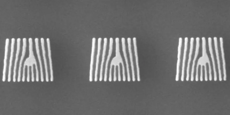 Black and white micrograph shows tiny white panels standing parallel to form small squares on a dark background. 
