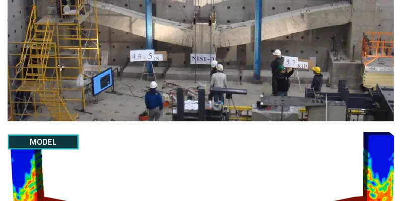 Photo on top showing researchers studying a large concrete structure on a wall; image on bottom showing a heat map of forces on a similar simulated structural column.