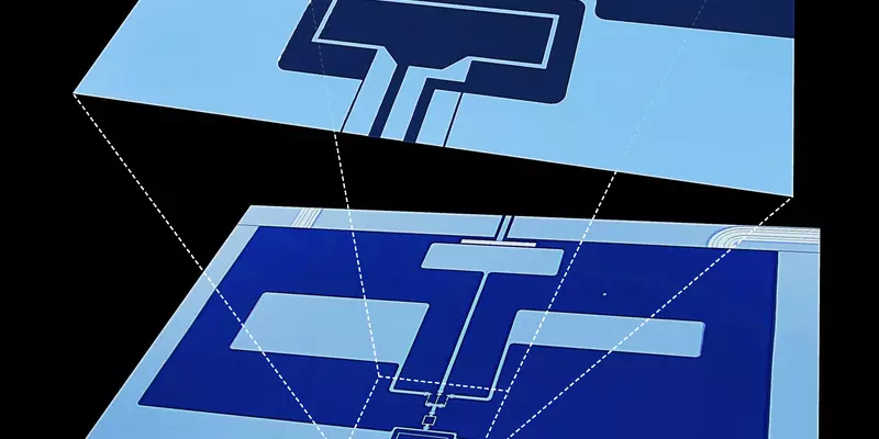 A blue-tinged drawing shows a schematic of the two qubits and resonator above a white rectangle, which represents the SQUID device that controls the connections and relationships among the qubits and resonator elements.