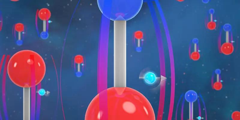 Illustrated molecules, represented by red spheres and blue spheres connected by a white cylinder, fill a dark blue field. Alongside the molecules are electrons, represented by light blue spheres with directional arrows pointing through them.