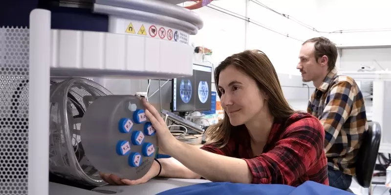 A woman leans over an MRI machine to reach a set of samples in a round holder, while a man sits behind her at a computer looking at MRI images. 