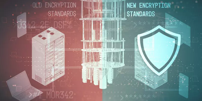 Collage illustration of servers, laptops and phones is divided into left "Old Encryption Standards" and right "New Encryption Standards."
