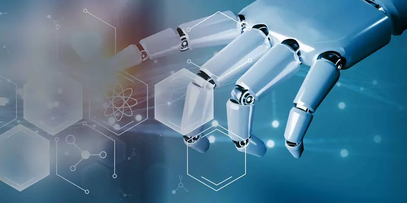 Illustration shows a shiny robot hand pointing at icons including a molecule, a heart and an atom.