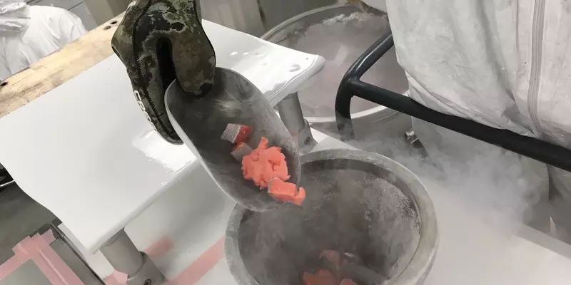 Pieces of salmon are being fed from a metal holder into the icy opening of a milling machine. 