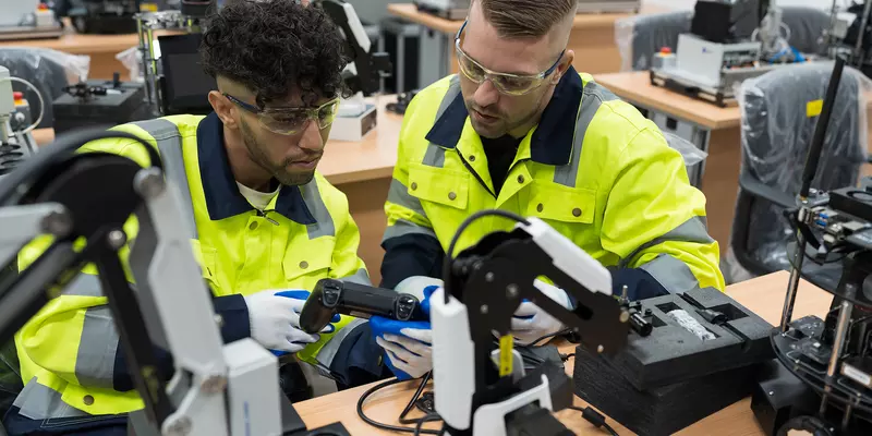 Two male engineers training on an AI Robot