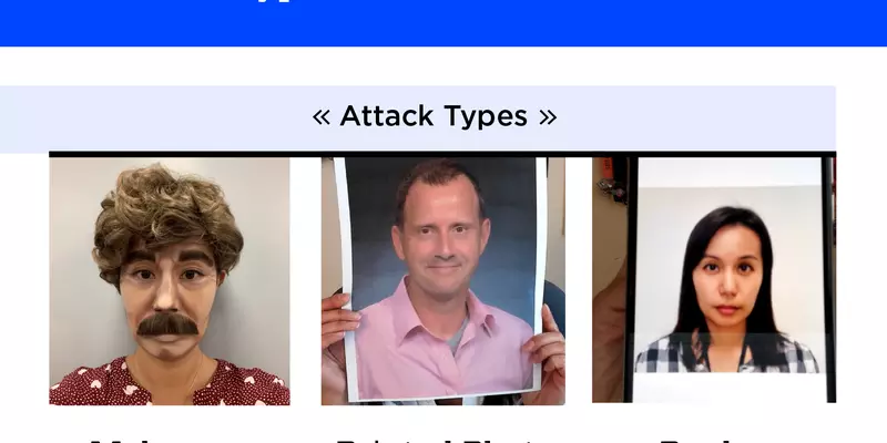 Three images demonstrate types of presentation attacks: a person in heavy appearance-altering makeup, a person holding up a printed photo of another person, and a hand holding up a phone image of another person.