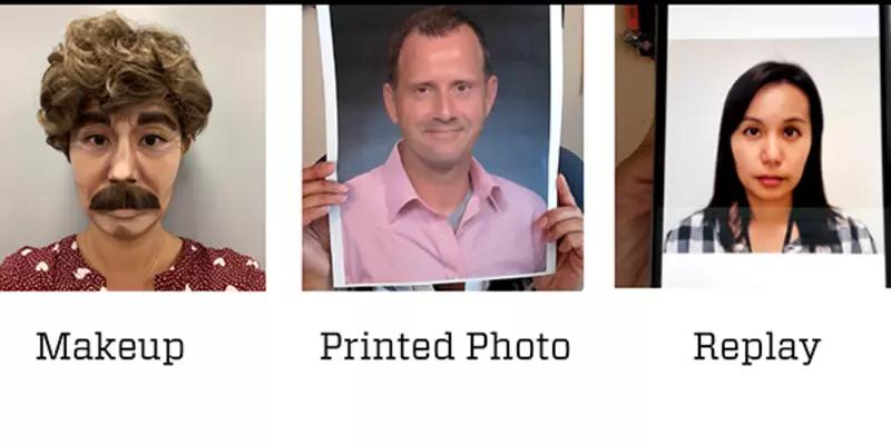 Three images demonstrate types of presentation attacks: a person in heavy appearance-altering makeup, a person holding up a printed photo of another person, and a hand holding up a phone image of another person.