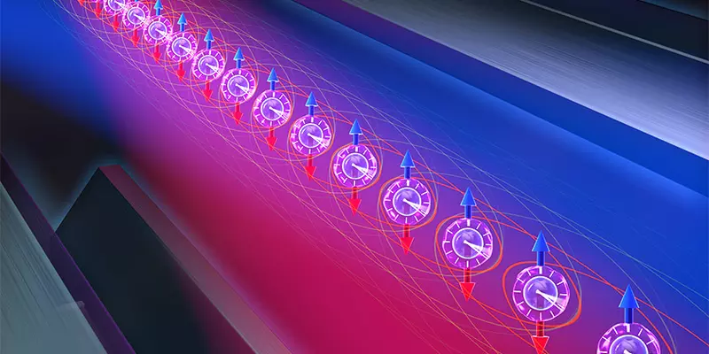 Illustration of a pair of tweezers surrounding a beam of light that illuminates a line of atoms, each with an analog clock face in the center and an up and down arrow pointing through it.
