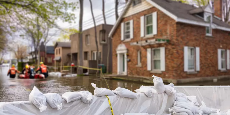 Flood protection sandbags buffer waters around flooded homes with rescue team pushing boat through flooded streets.