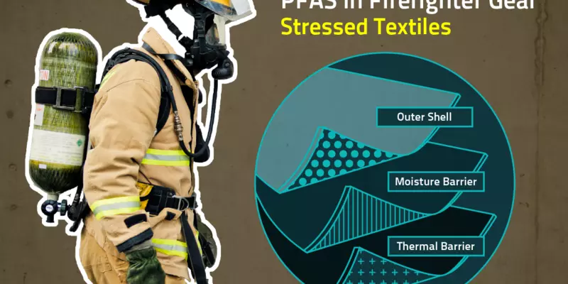 The graphic depicts a firefighter wearing protective turnout gear with a diagram of the three layers of the gear, which are the outer shell, the moisture barrier and thermal barrier.