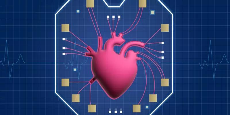 An illustrated anatomically correct human heart sits inside of a microchip, with its valves connecting to the microchip sensors.