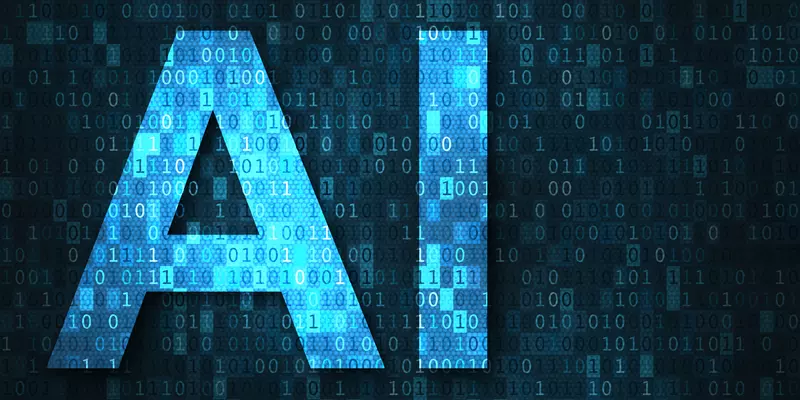 The letters "AI" appear in blue on a background of binary numbers, ones and zeros. 