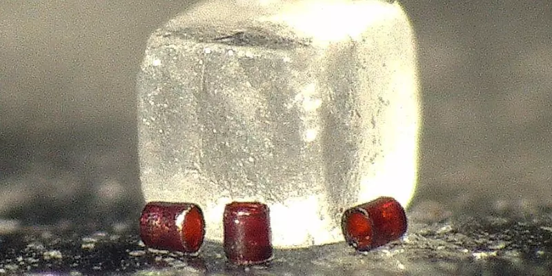 Tiny red cylinder probes are presented in front of a much larger ice cube.